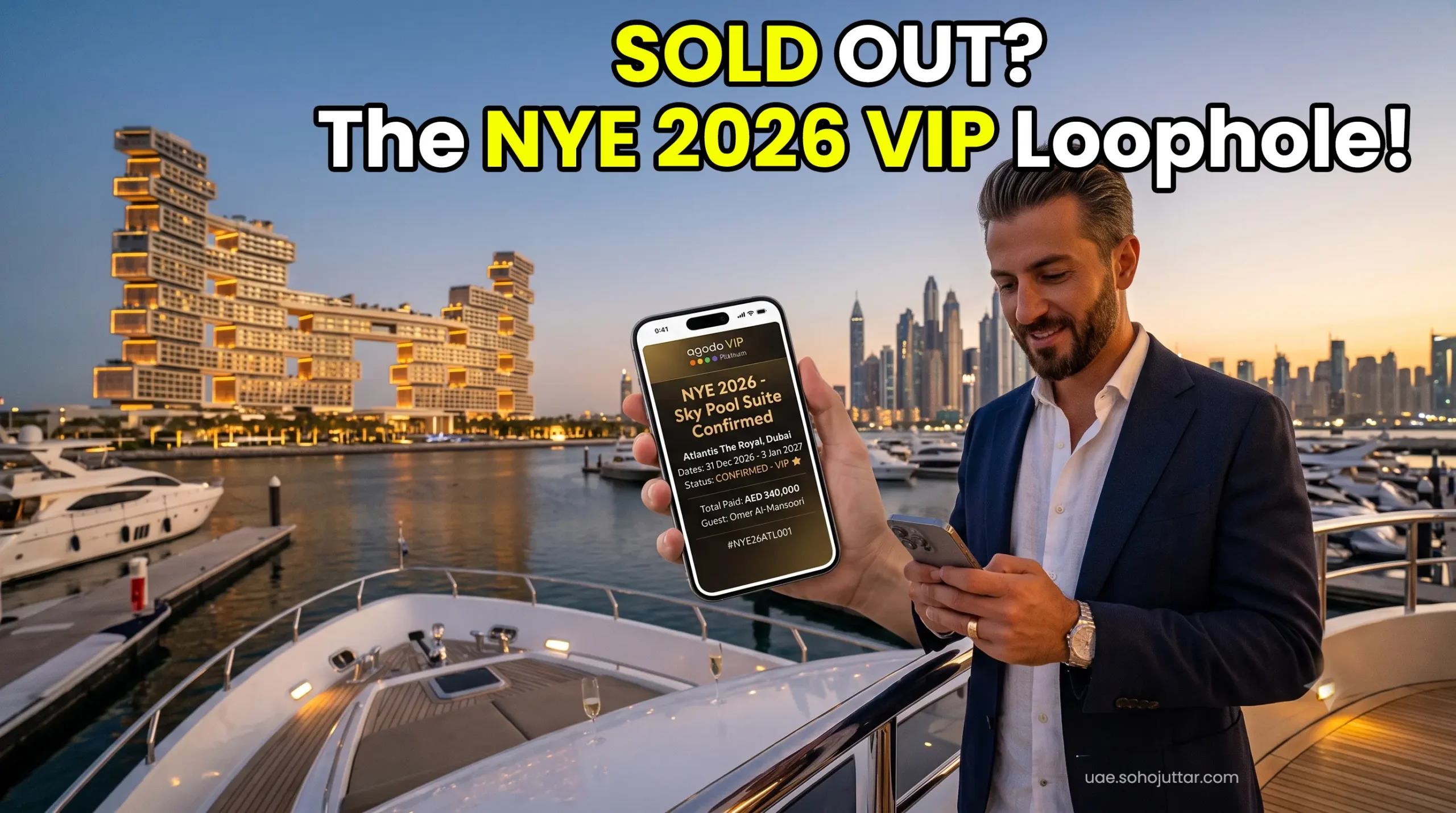 Elite traveler securing an Agoda VIP deal for Atlantis The Royal New Year's Eve 2026 on a premium device.