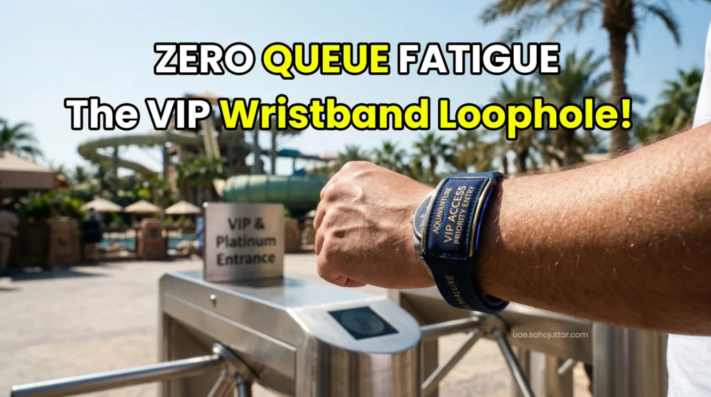Elite traveler wearing a premium VIP wristband, bypassing massive queues at Aquaventure Waterpark Dubai.