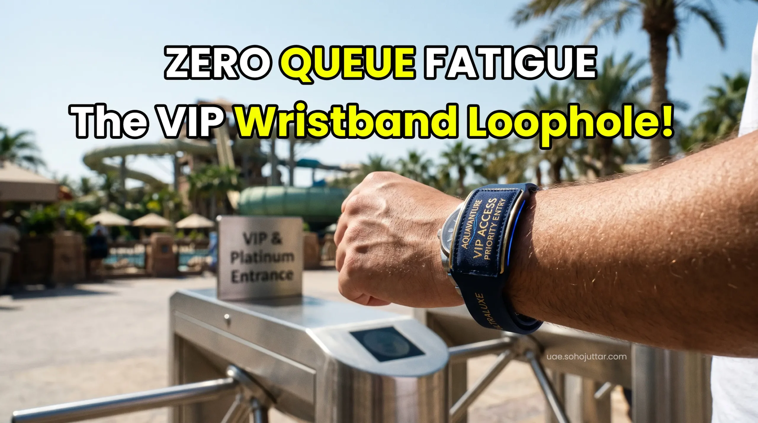 Elite traveler wearing a premium VIP wristband, bypassing massive queues at Aquaventure Waterpark Dubai.
