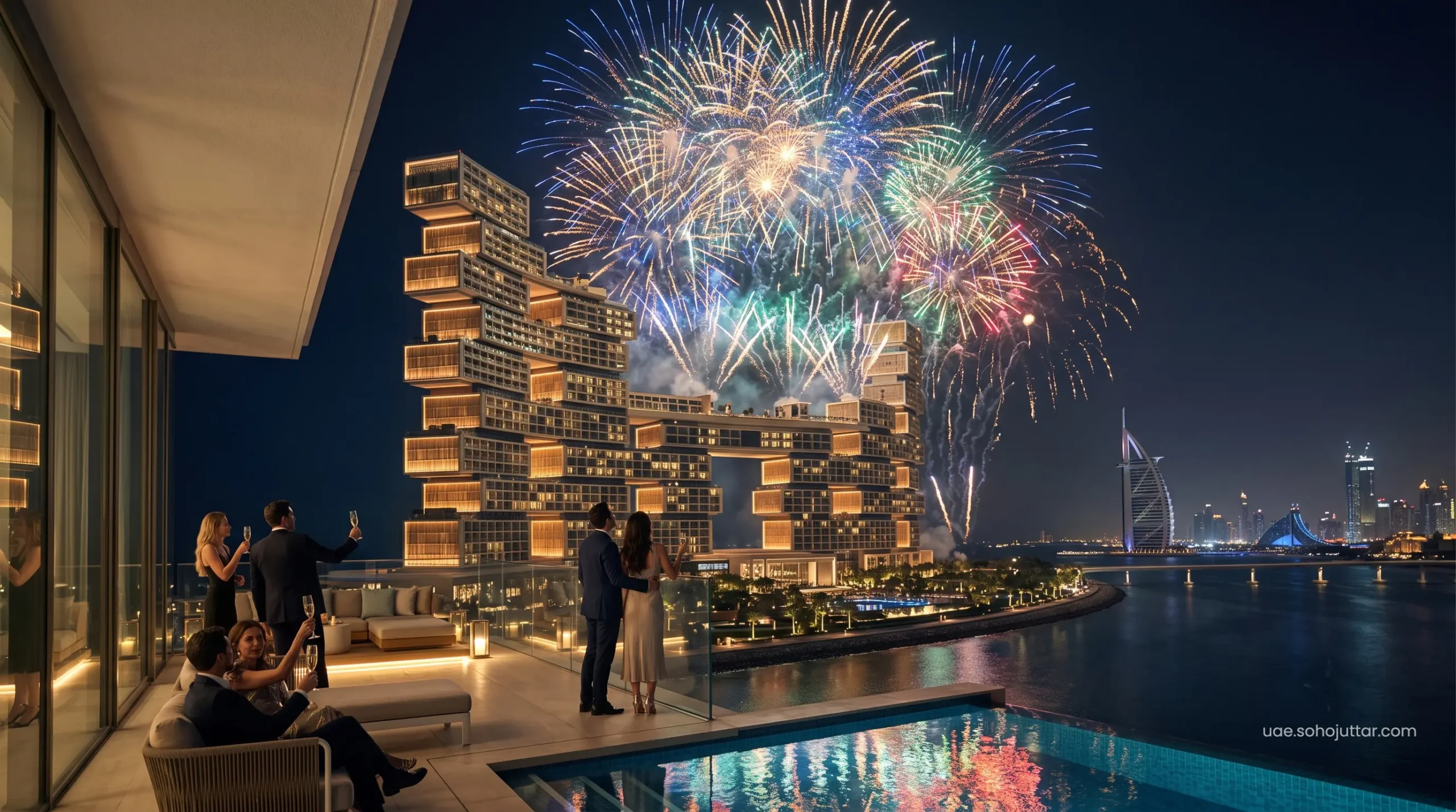 Massive New Year's Eve fireworks display over Atlantis The Royal Dubai.