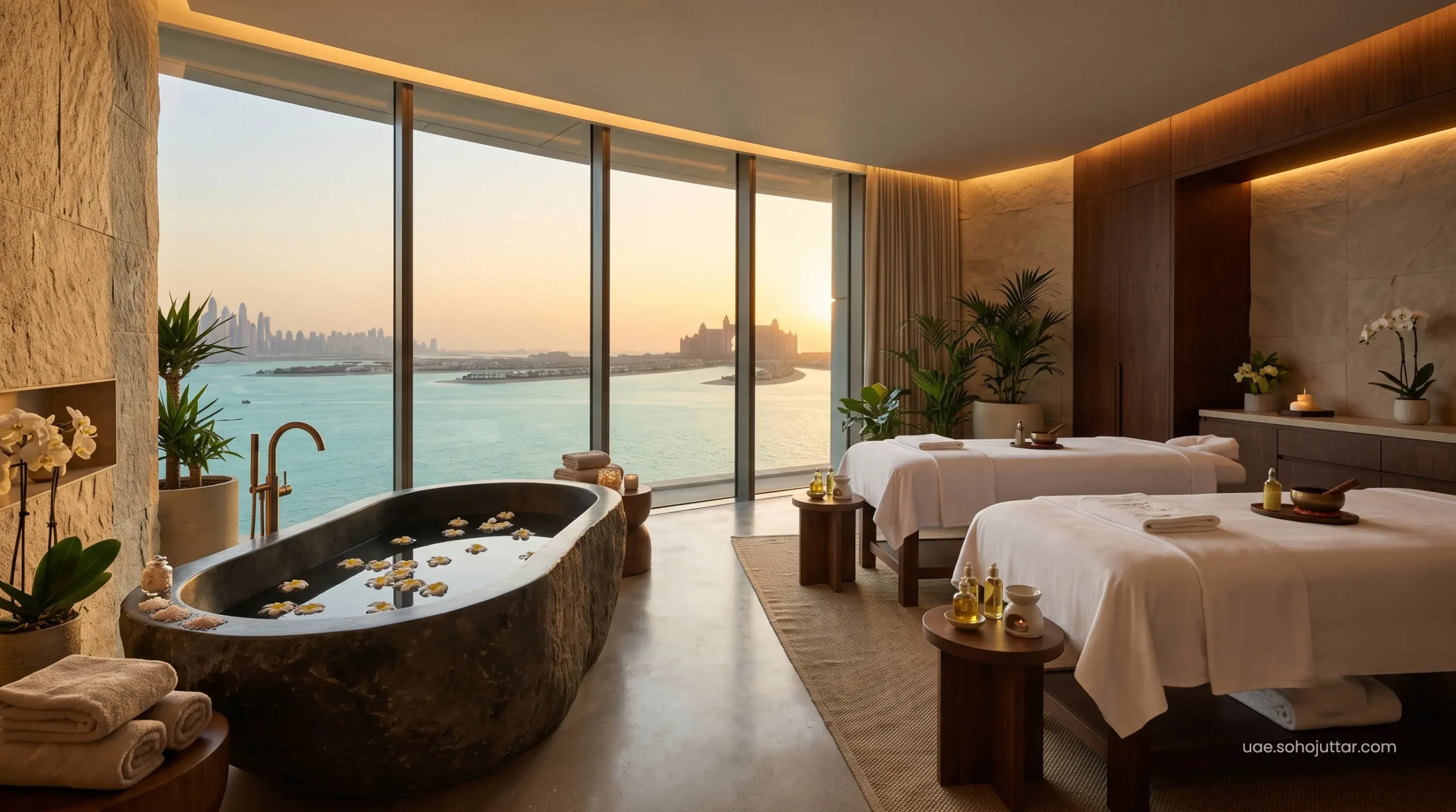 The ultra-luxurious private treatment suite at Awaken Wellness Spa featuring a holistic water therapy layout.