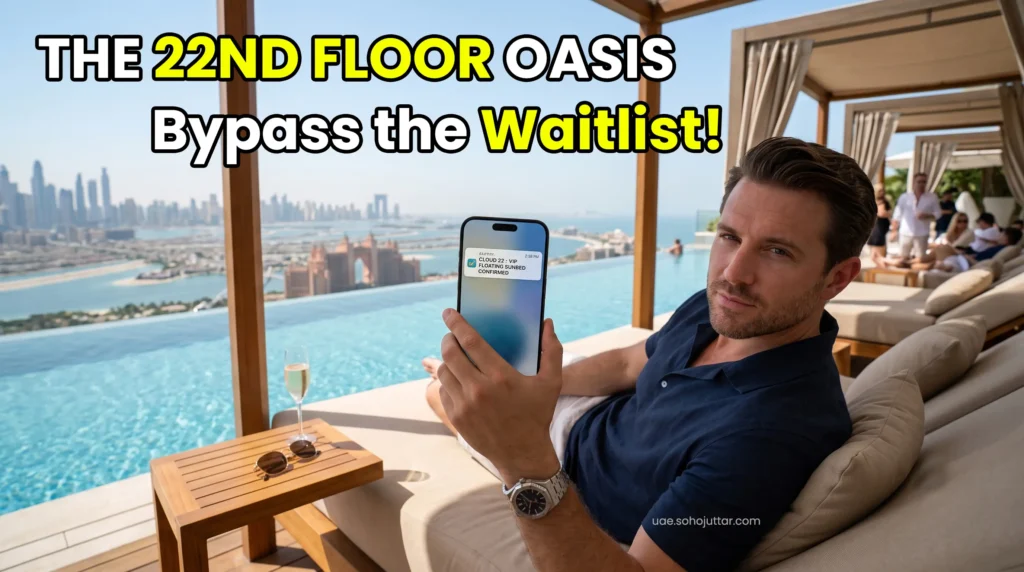 Elite traveler securing a Cloud 22 infinity pool VIP sunbed booking on a smartphone at Atlantis The Royal.