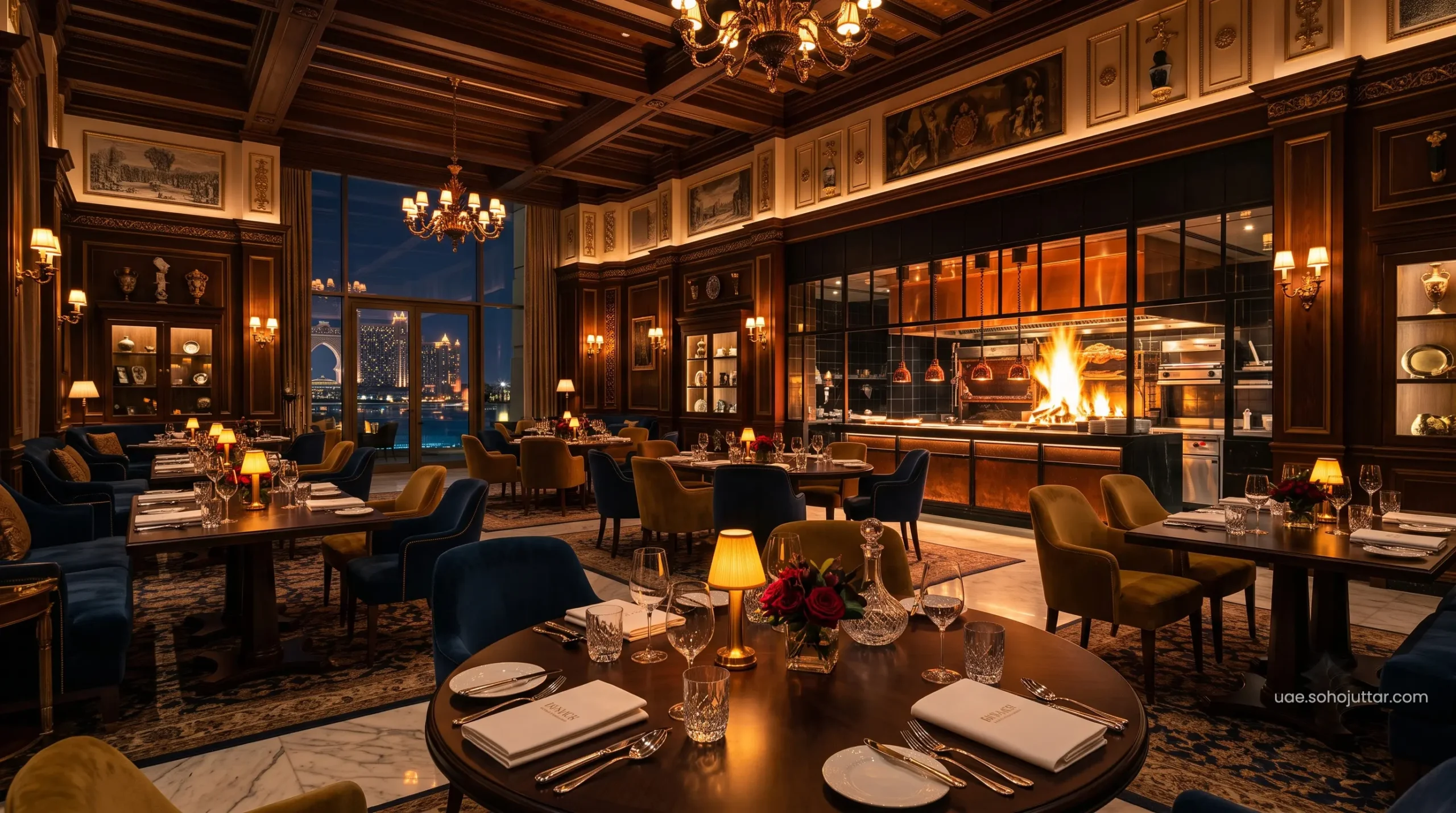 The ultra-luxurious dining room and open kitchen at Dinner by Heston Blumenthal Dubai.