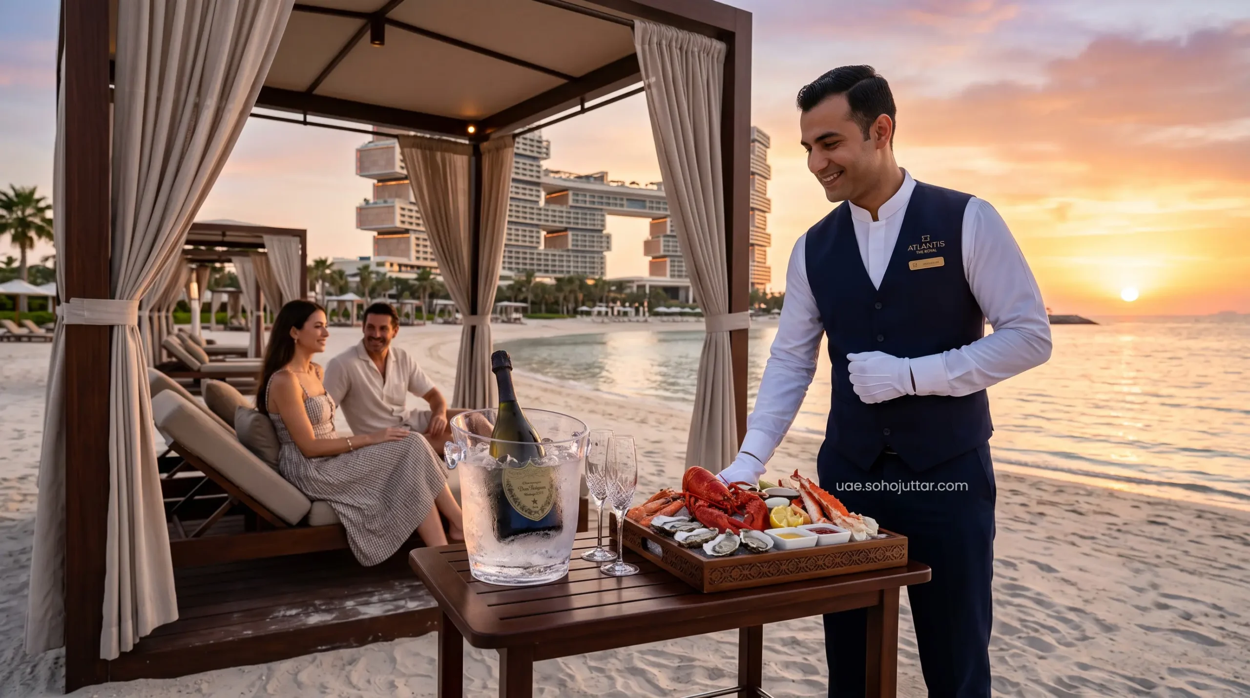 Dedicated VIP beach butler delivering premium champagne and fresh seafood to an elite cabana.
