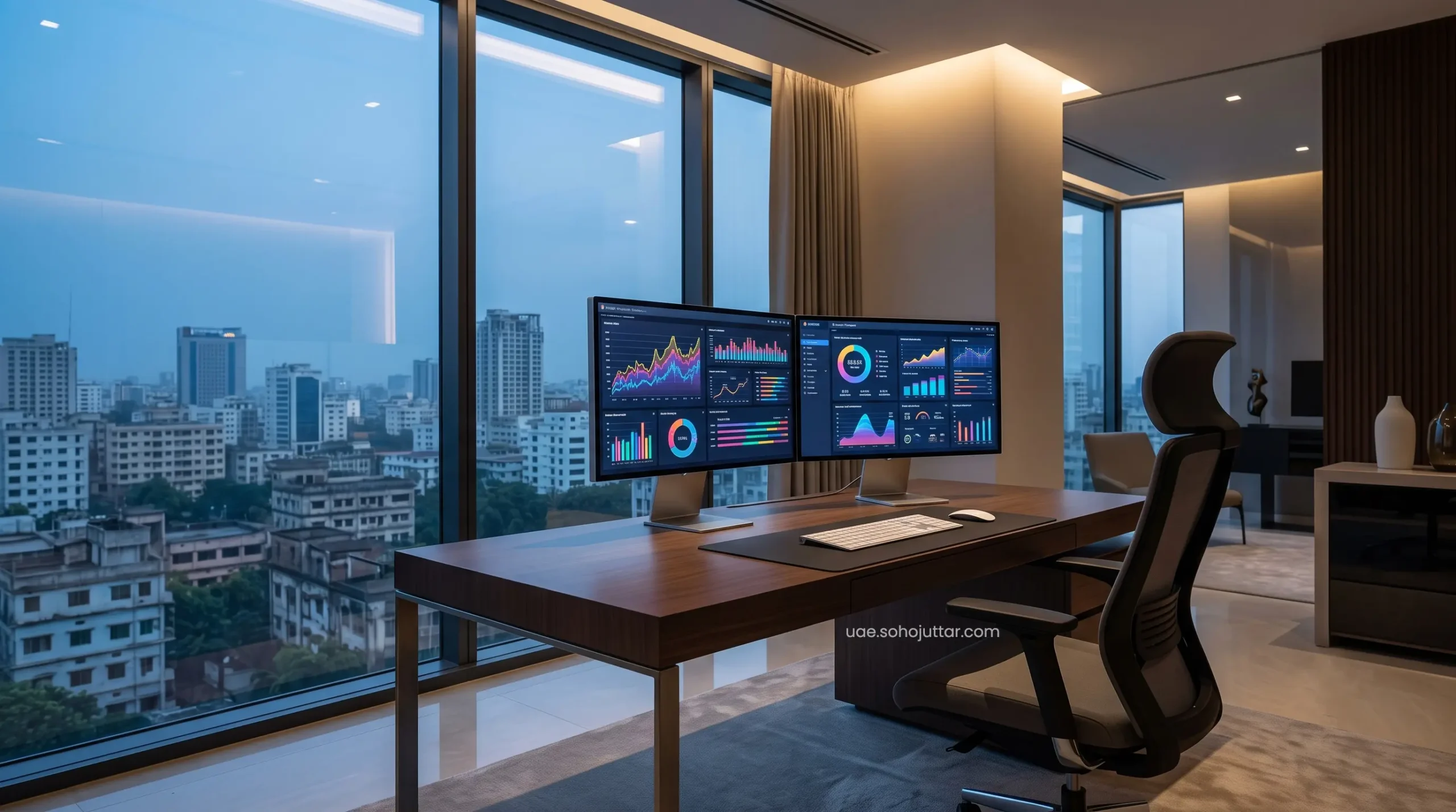 High-net-worth resident managing travel loyalty accounts on a high-end dual monitor setup.