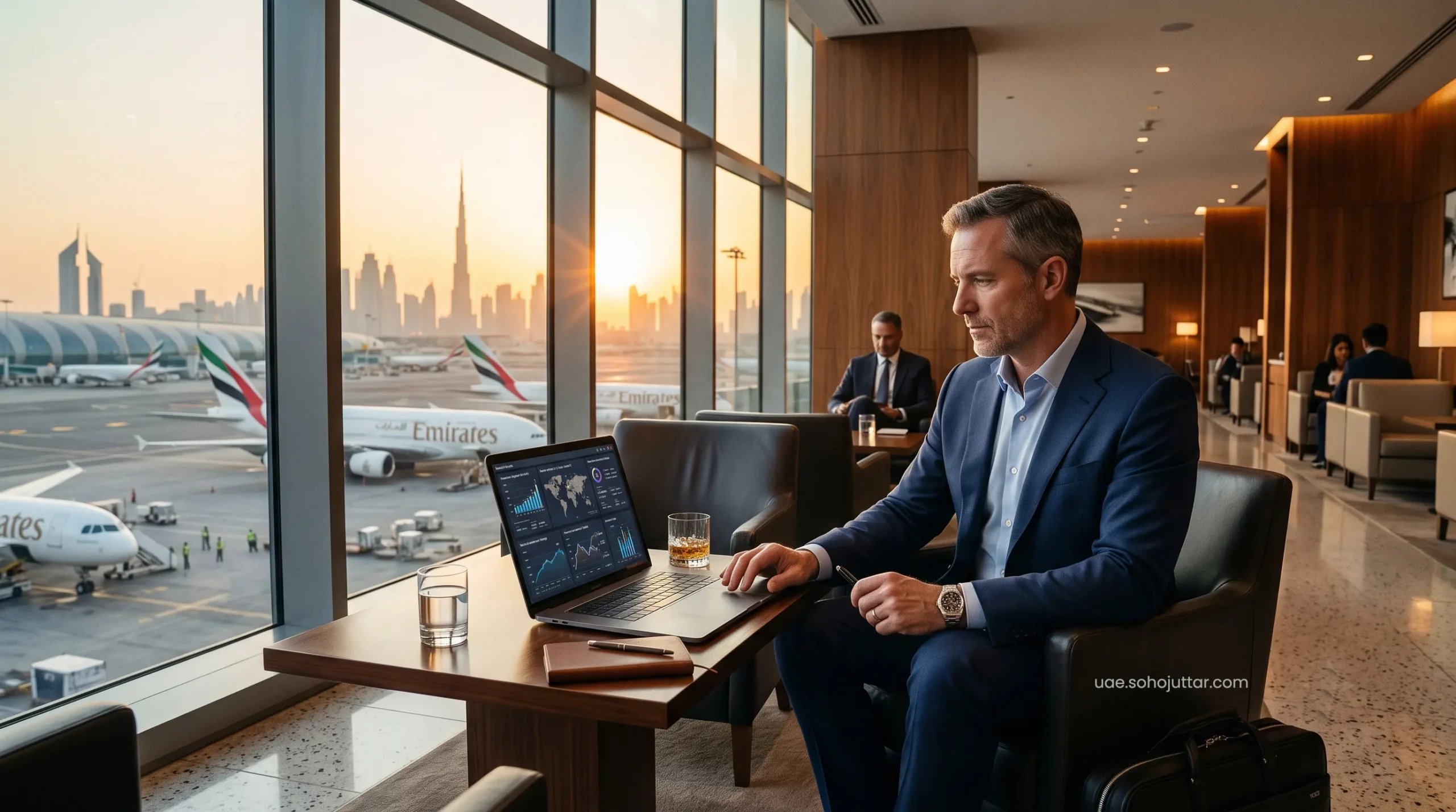 Elite corporate expat working on a laptop inside a luxury airport executive lounge in the UAE.