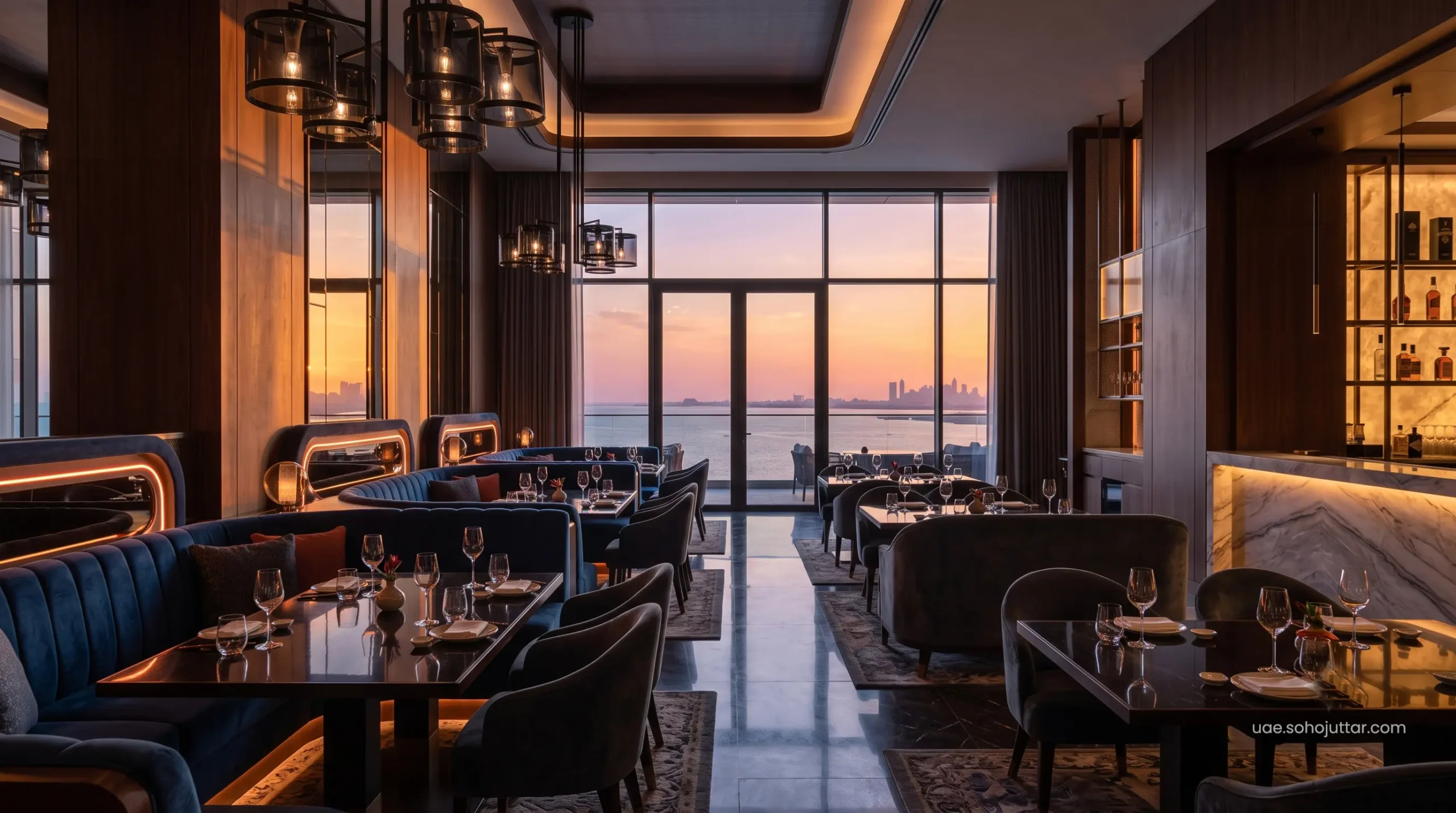 The ultra-exclusive interior of Ling Ling Dubai lounge during the golden hour.