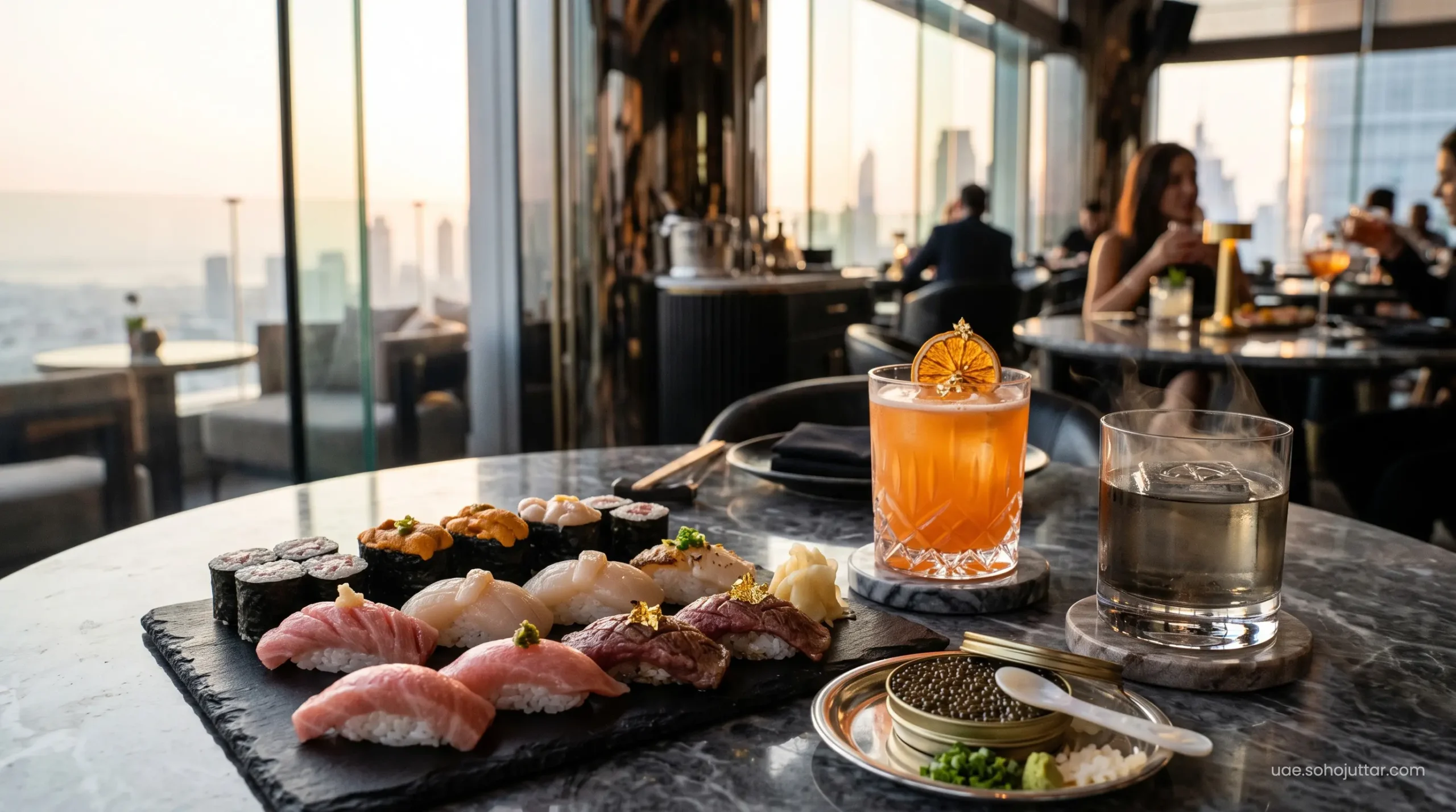 Premium pan-Asian culinary spread and bespoke cocktails at a VIP table in Ling Ling Dubai.