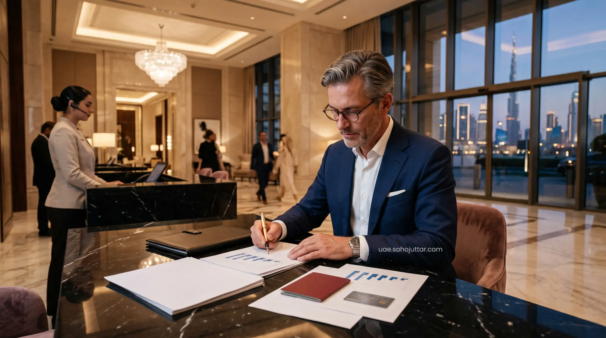High-net-worth expat reviewing the final master statement of account at the VIP front desk desk.