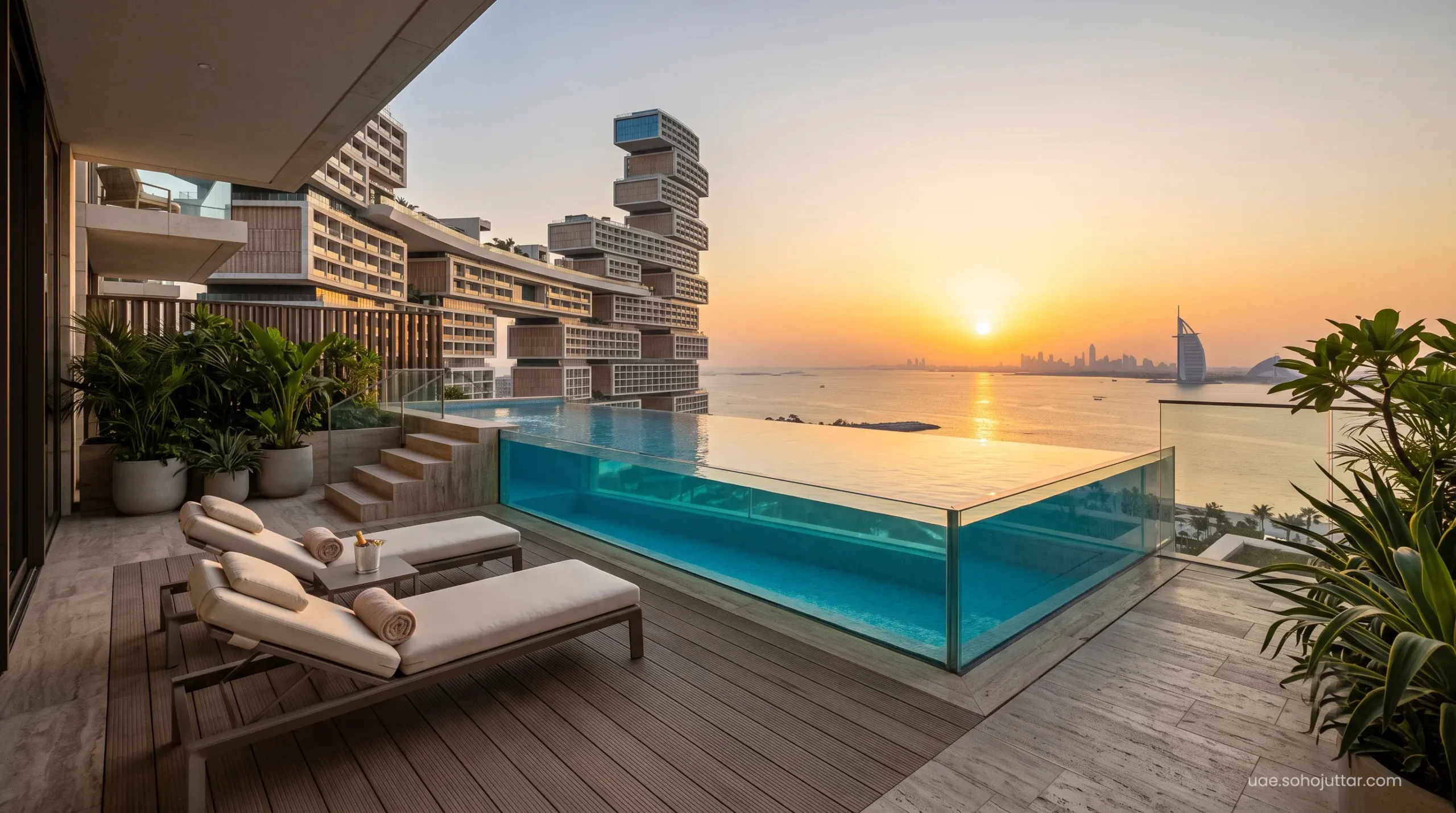 Private terrace and suspended infinity pool of the Sky Pool Villa.