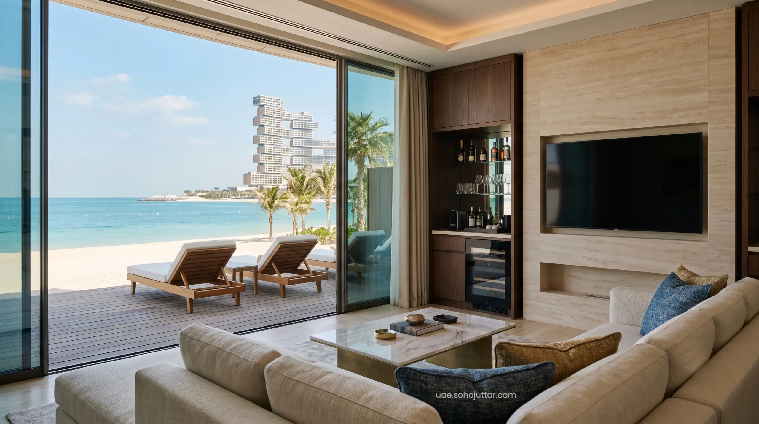 The climate-controlled interior of an exclusive beachfront cabana featuring premium entertainment systems and luxury lounging.