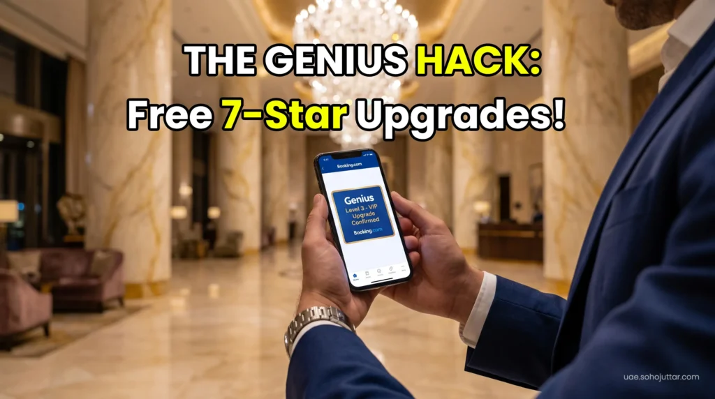 Elite corporate traveler unlocking Booking.com Genius Level 3 benefits on a premium smartphone at a 7-star Dubai hotel.