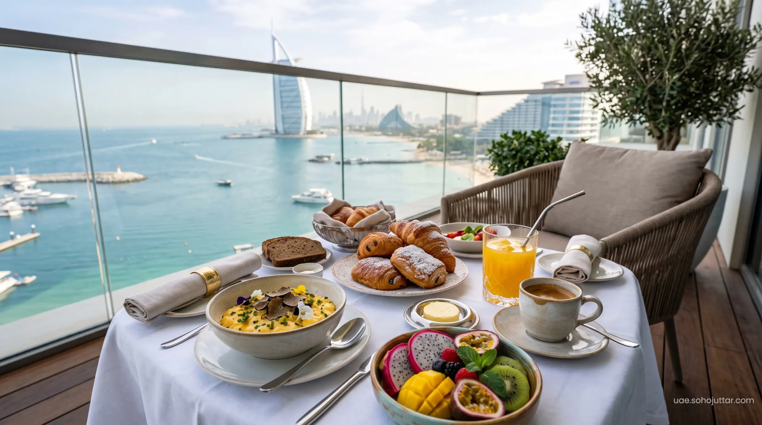 A lavish, complimentary premium breakfast spread secured via Booking.com loyalty benefits at a Dubai resort.