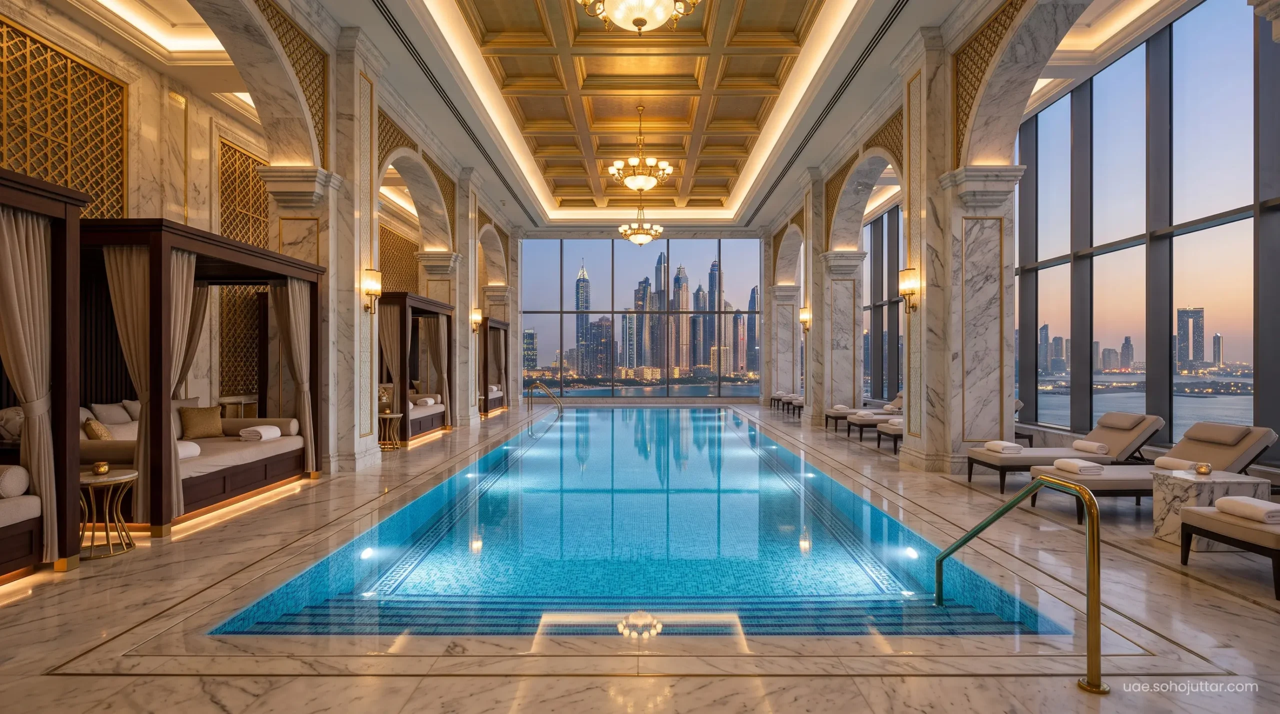 The climate-controlled, ultra-luxurious indoor private pool of a Dubai 7-star resort during the late summer season.