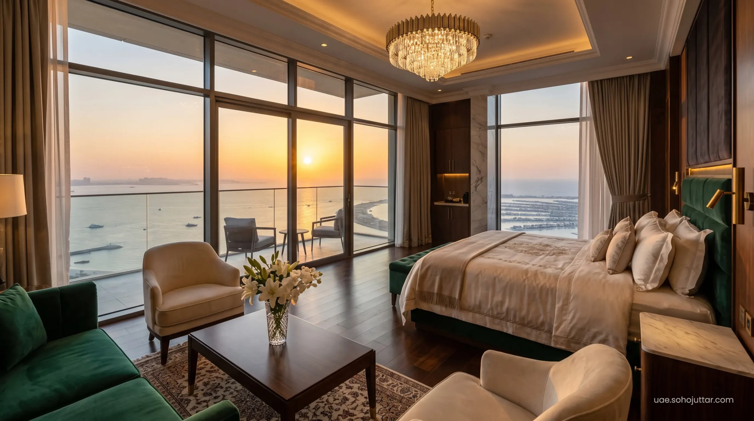 An expansive ultra-luxury executive suite in Dubai secured through a Booking.com Genius Level 3 complimentary upgrade.