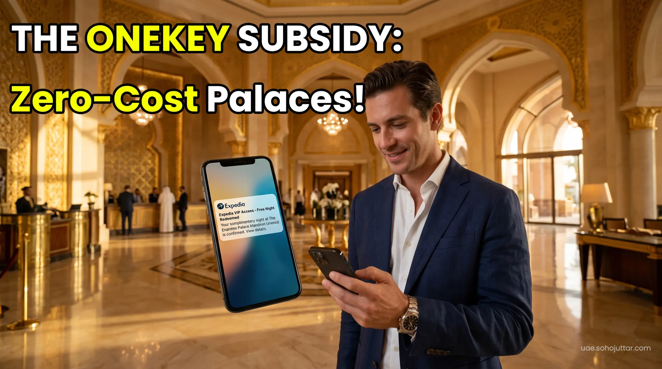 Wealthy executive redeeming Expedia VIP perks and Hotels.com rewards for a luxury stay at an Abu Dhabi 7-star resort.