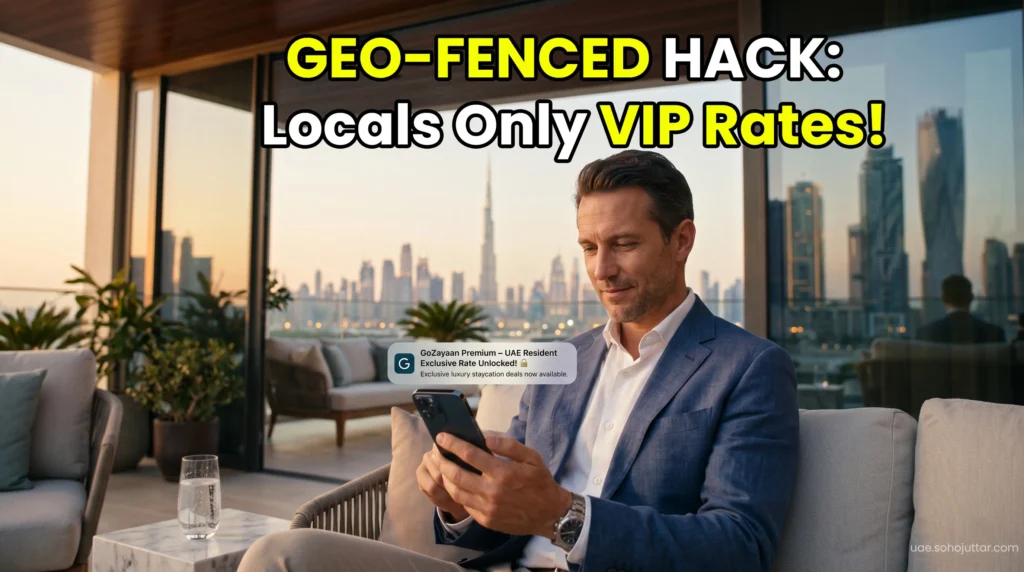 Wealthy UAE resident using the GoZayaan Premium platform to unlock exclusive geo-fenced luxury staycation rates.