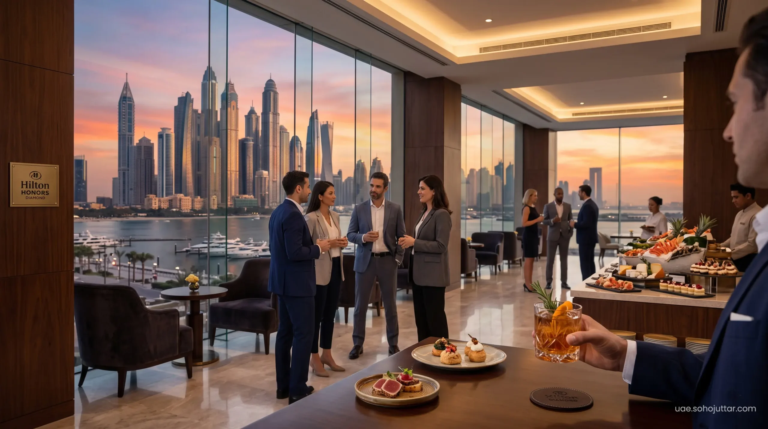 High-net-worth travelers networking in a highly restricted Hilton Honors Diamond executive lounge overlooking the Dubai skyline.