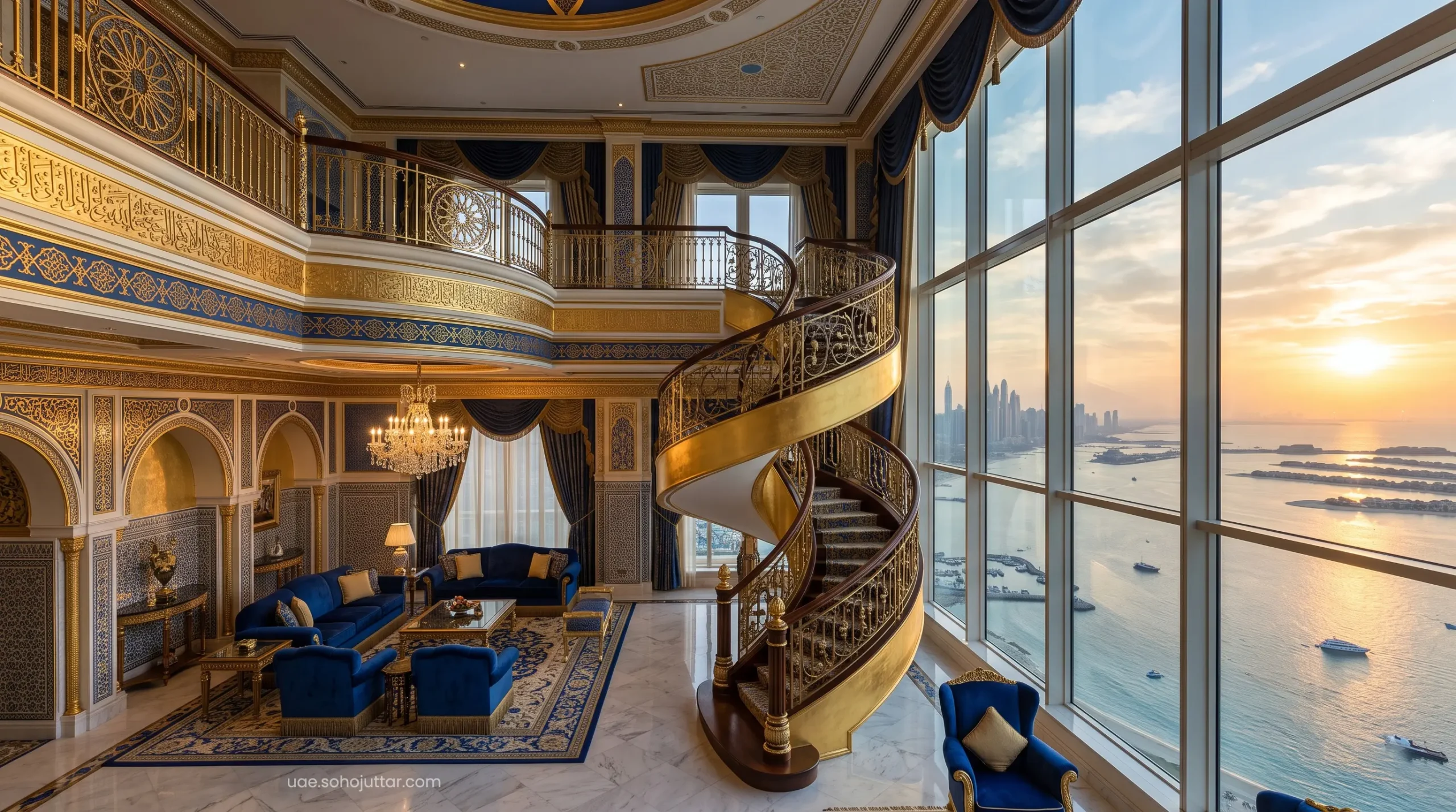 The opulent, gold-leafed interior of an ultra-luxury suite at the Burj Al Arab secured via Jumeirah One elite status.