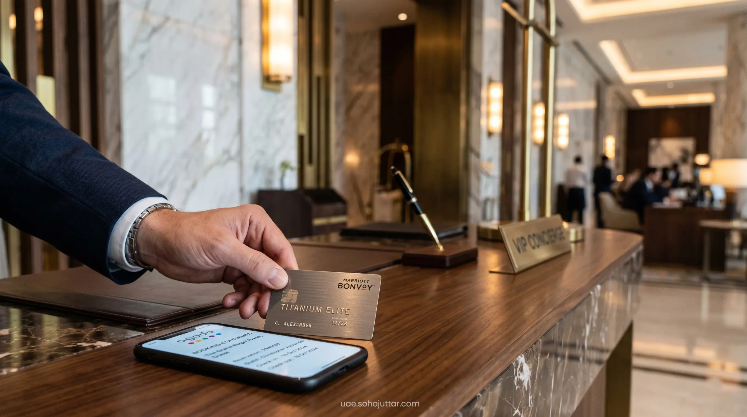 High-net-worth traveler executing a loyalty bridging maneuver at a luxury VIP concierge desk.