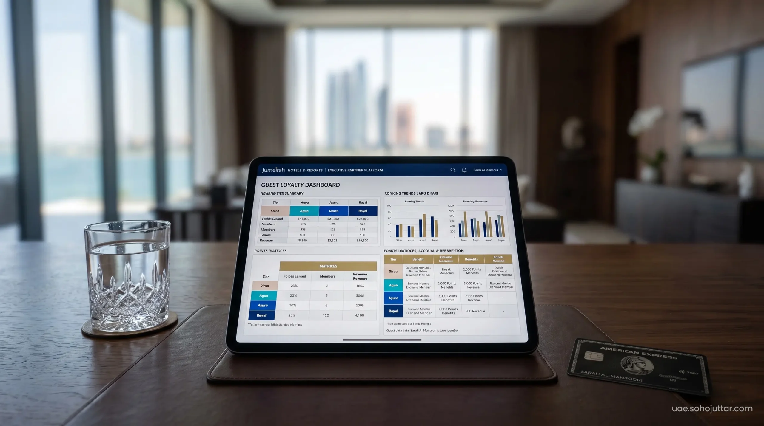 High-net-worth traveler utilizing premium global rewards and loyalty programs on a tablet to secure VIP dining and resort access.
