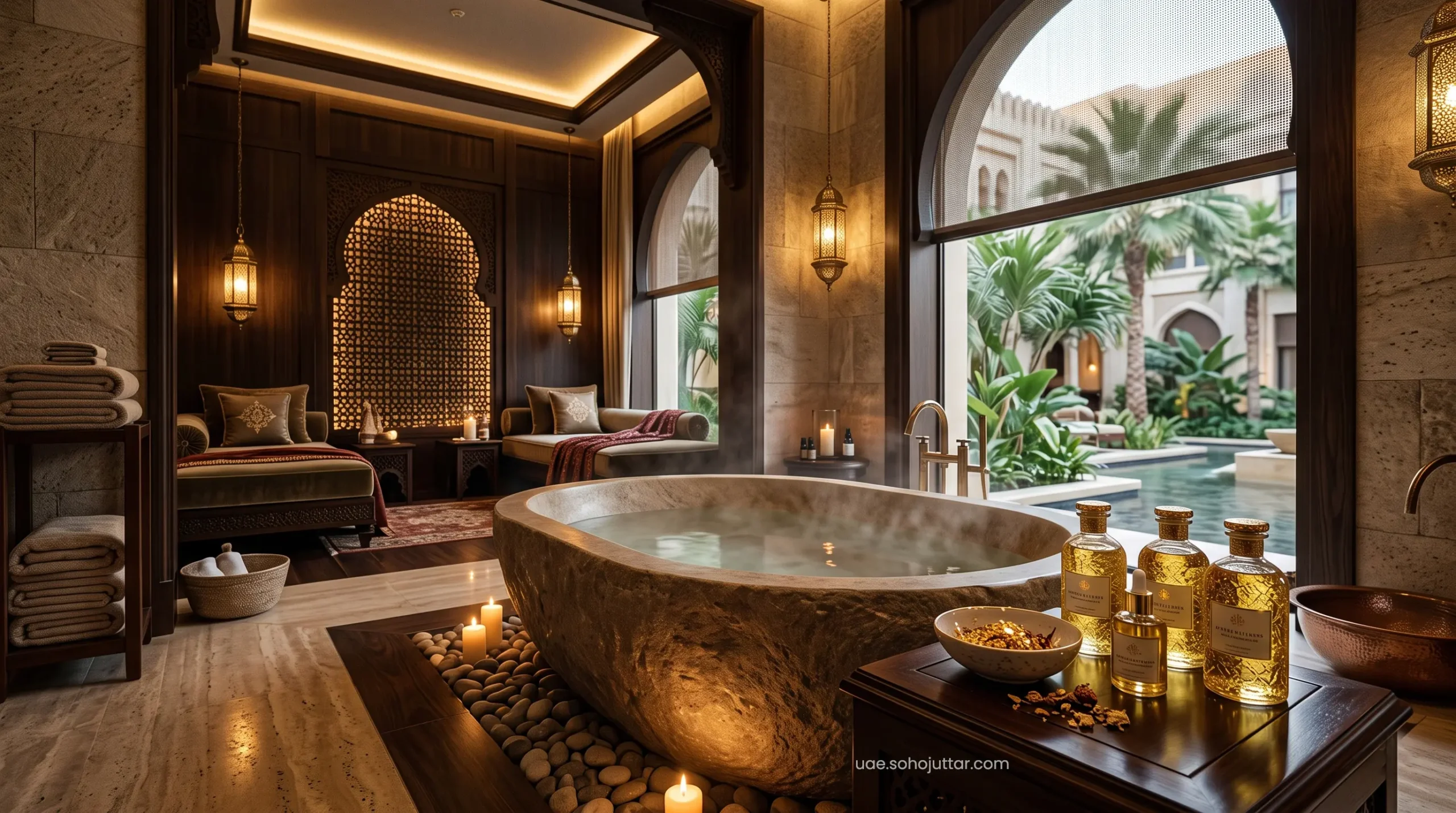 A climate-controlled, ultra-luxurious indoor holistic wellness sanctuary at a premium UAE resort.
