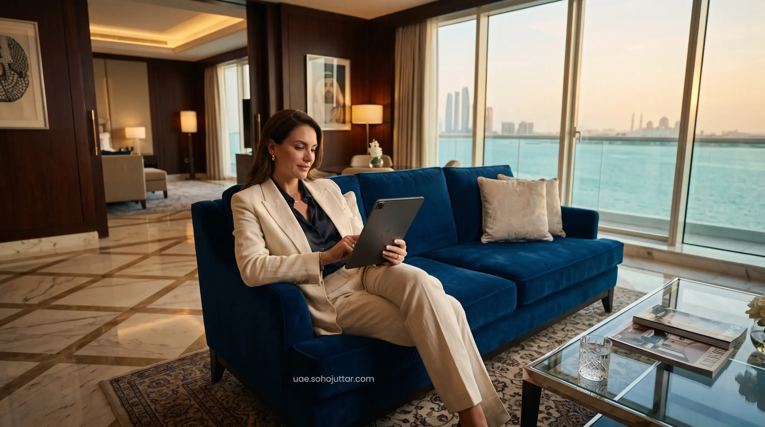 An expansive, climate-controlled ultra-luxury suite in Abu Dhabi secured via Expedia VIP Access.