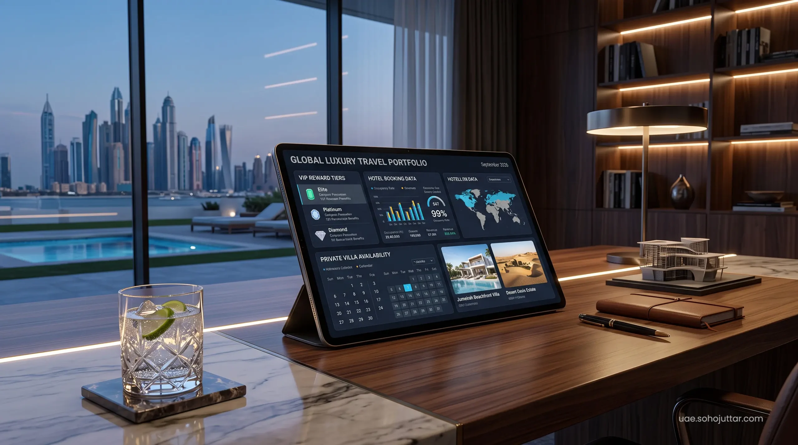 Discerning traveler reviewing Agoda VIP secret deals and GoZayaan luxury rates on a tablet for a UAE villa stay.