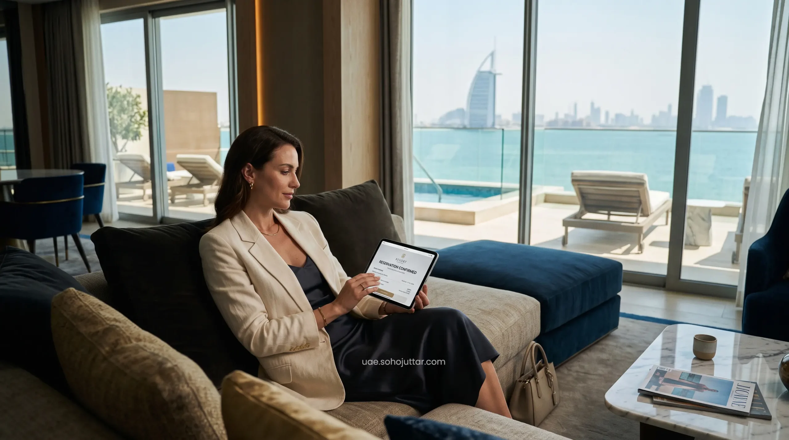 Expansive living area of an executive luxury suite in Dubai secured through Booking.com Genius Level 3 upgrade protocols.