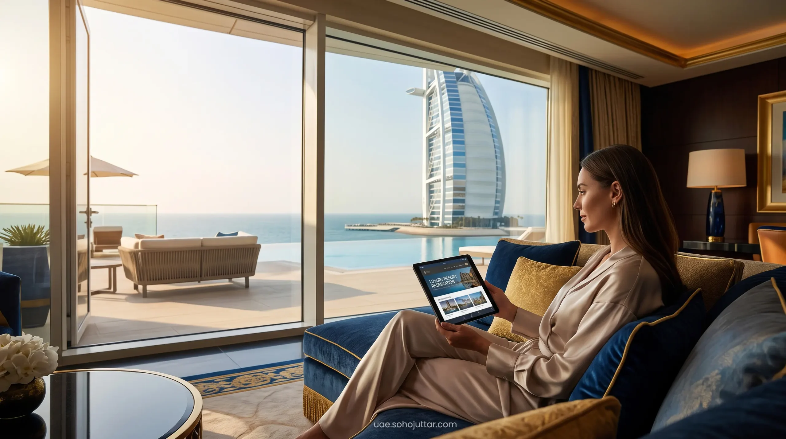 Expansive bi-level luxury suite interior in Dubai featuring bespoke furnishings and panoramic gulf views.