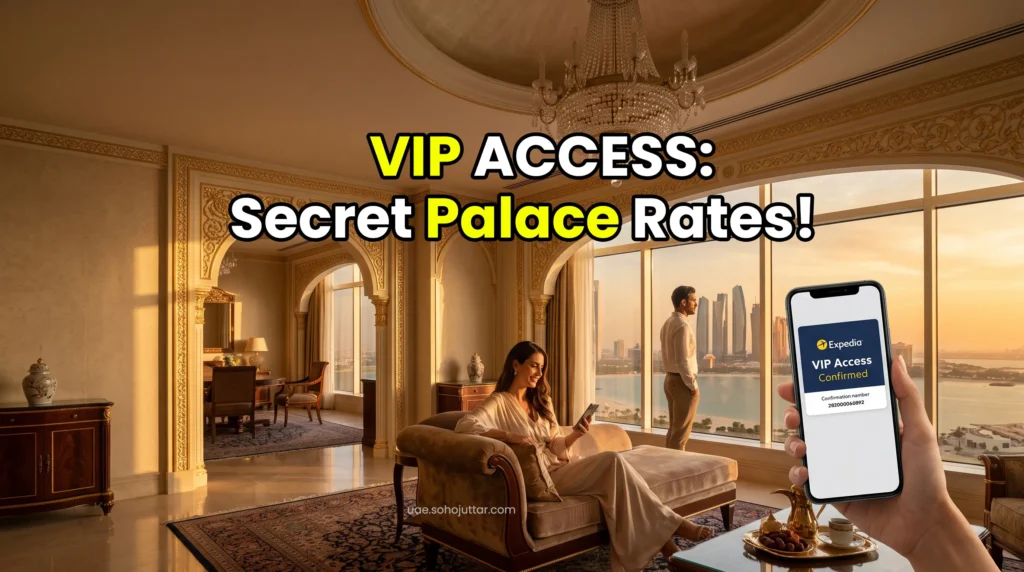 Wealthy executive redeeming Expedia VIP perks for a palatial suite upgrade at an Abu Dhabi 7-star resort.