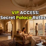 Wealthy executive redeeming Expedia VIP perks for a palatial suite upgrade at an Abu Dhabi 7-star resort.