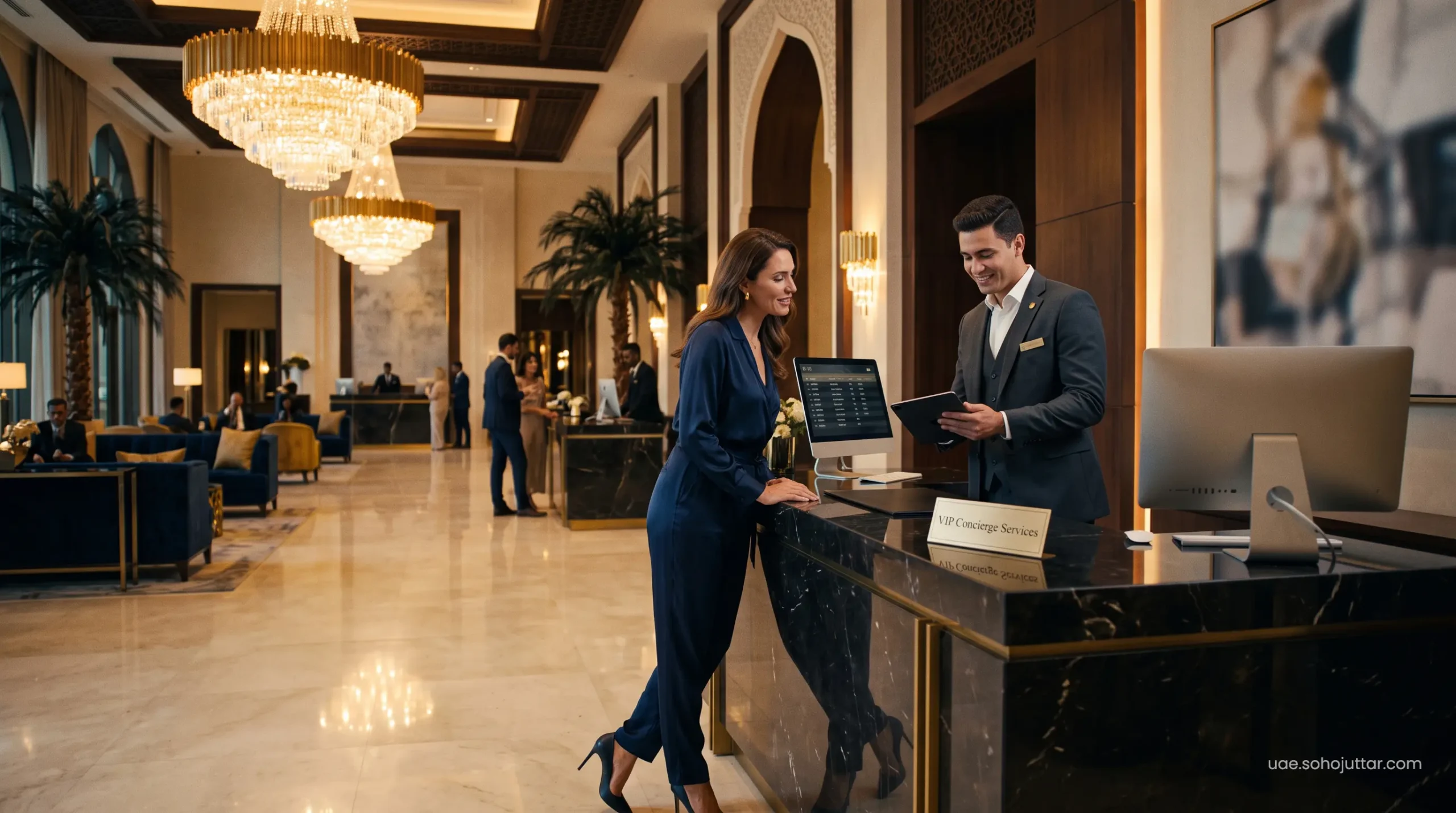 Discerning guest checking in at a private VIP concierge desk inside a Dubai 7-star luxury property.