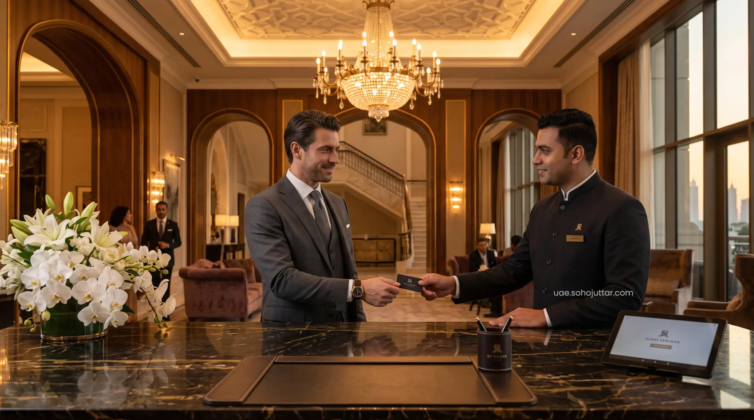 Discerning guest interacting with a private VIP concierge at a St. Regis Dubai property.