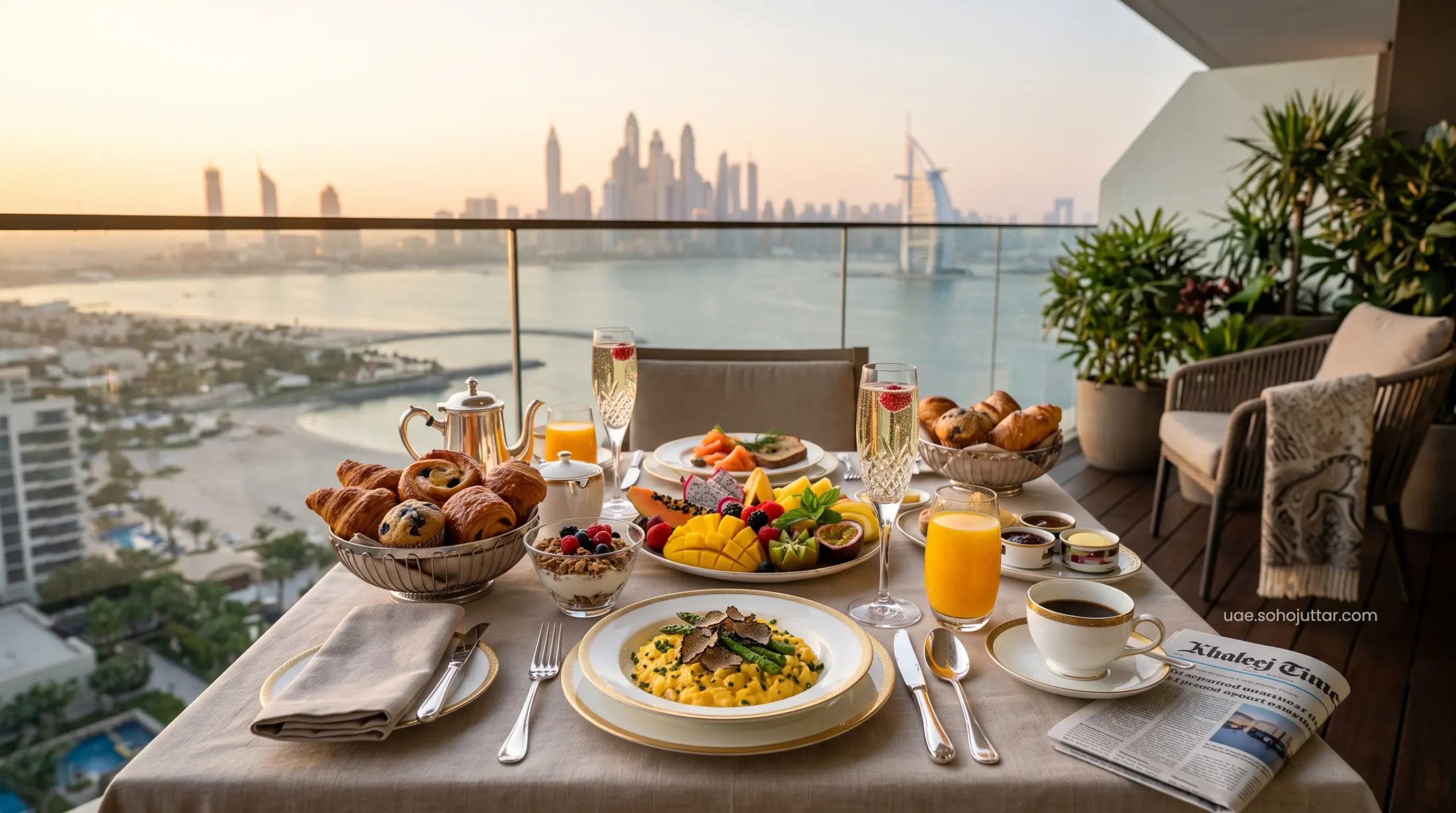 Lavish gourmet breakfast spread on an outdoor luxury resort terrace overlooking Dubai Marina.