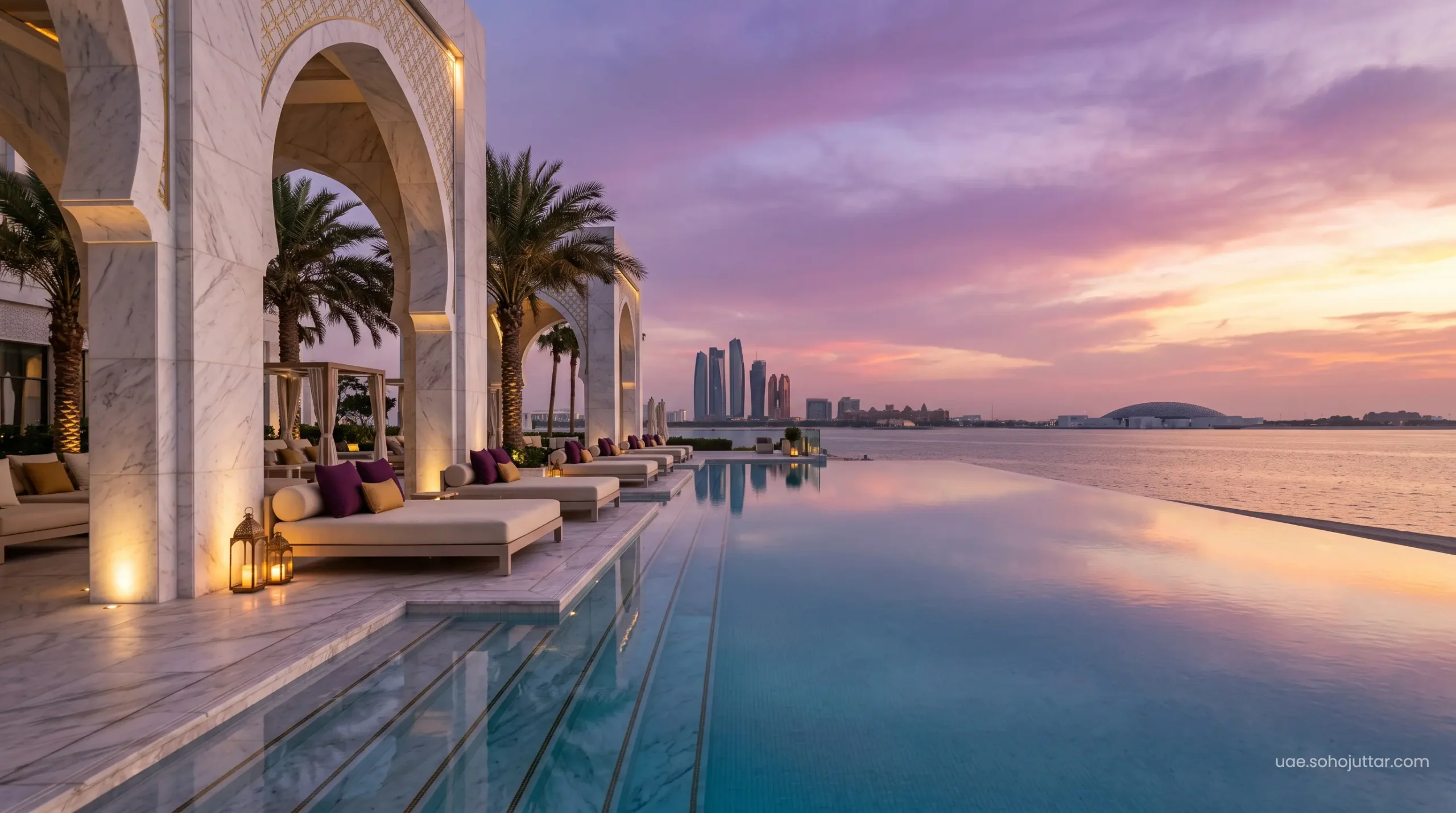 Palatial architecture and pristine climate-controlled infinity pools at a Saadiyat Island luxury resort.